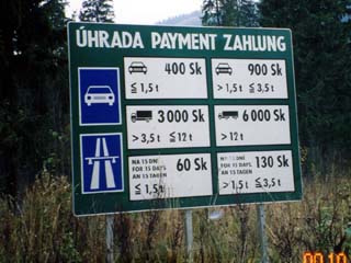 スロバキアの高速料金の標識。